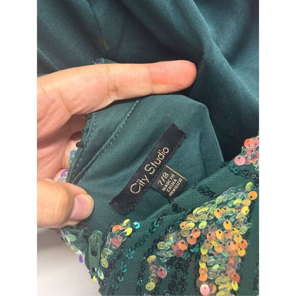 City Studio Dress‎ Juniors' Sequin One-Shoulder Slit Gown Size 8 Green Gold NWT - Picture 9 of 12